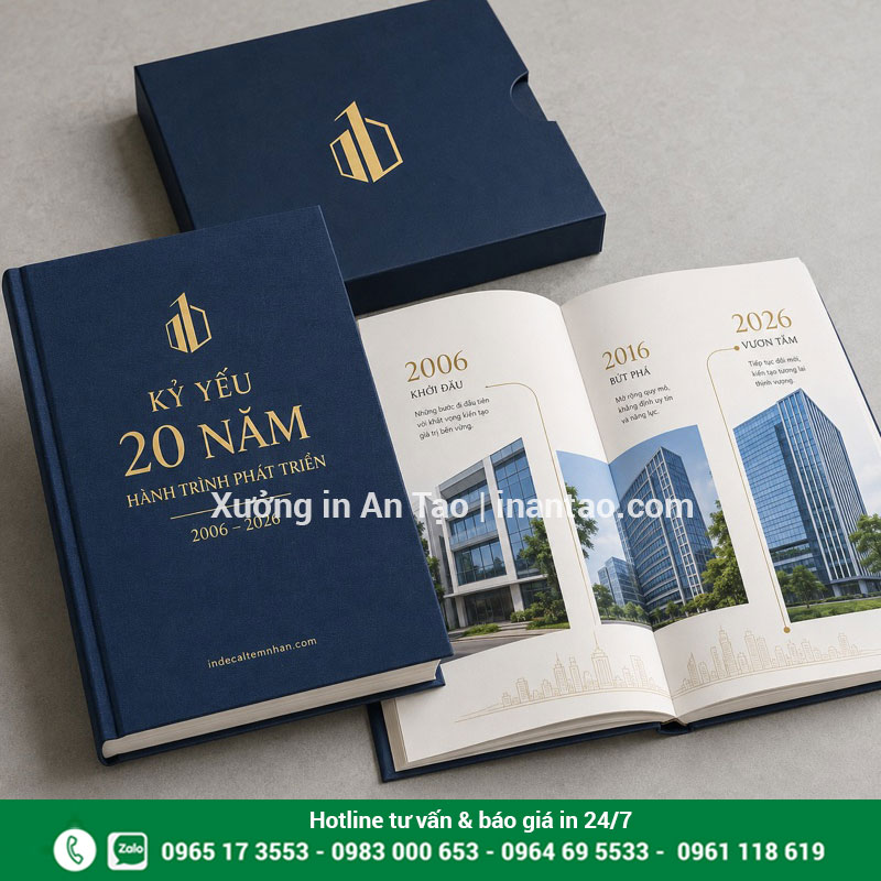 Kỷ yếu công ty kỷ niệm 20 năm phát triển Mẫu kỷ yếu doanh nghiệp 20 năm với bìa xanh navy và trang mốc thời gian