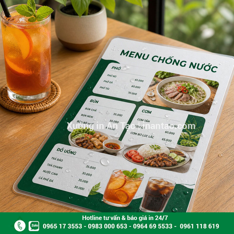 Menu nhựa chống nước dễ vệ sinh cho quán ăn Menu nhựa chống nước với giọt nước trên bề mặt PVC