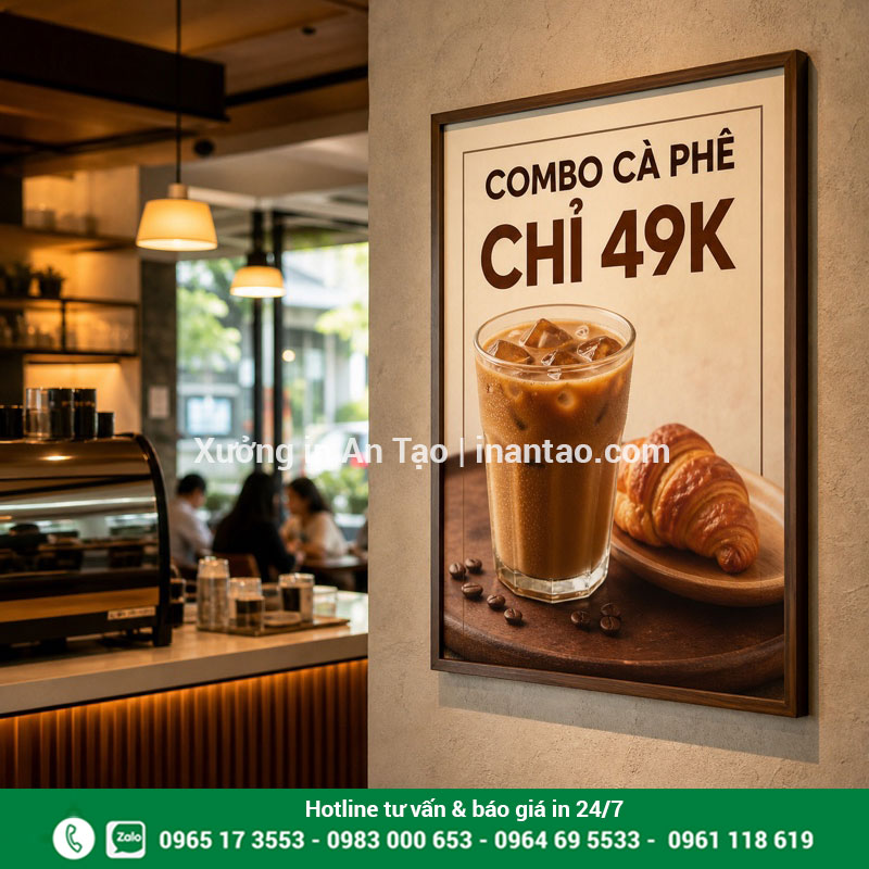 Ứng dụng poster quảng cáo tại điểm bán Poster quảng cáo combo cà phê được trưng bày trong không gian cửa hàng