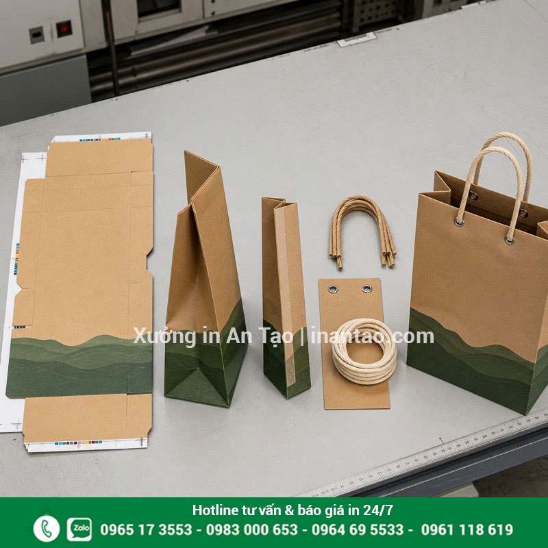 Các công đoạn gia công túi giấy tại xưởng Quy trình bế gấp dán và lắp quai túi giấy
