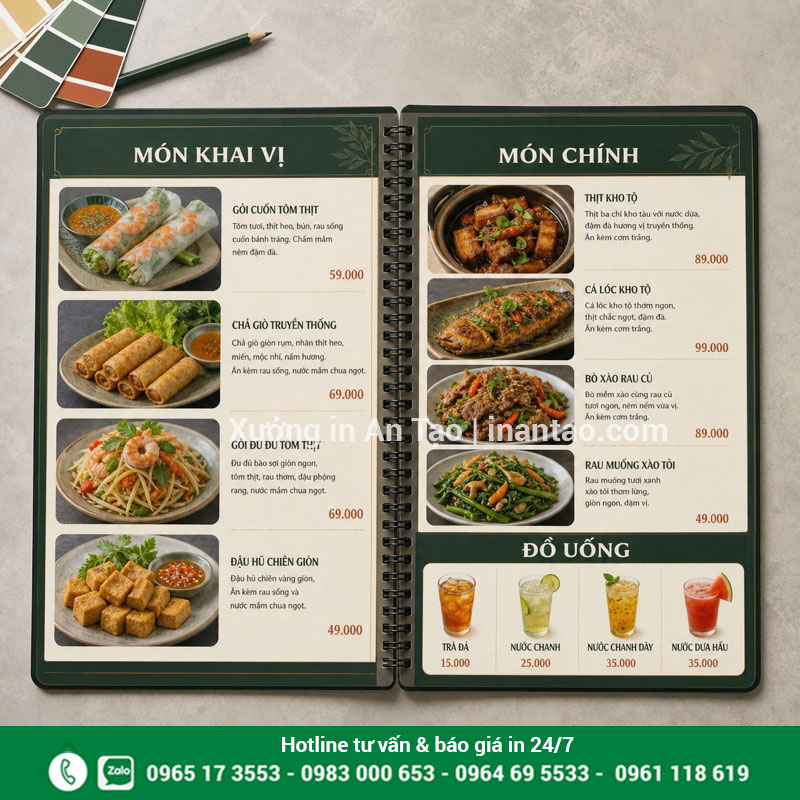 Cách thiết kế menu nhựa dễ đọc và dễ chọn món Thiết kế menu nhựa rõ nhóm món hình ảnh và giá bán