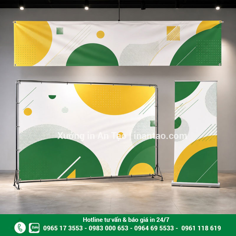 Mẫu banner ngang backdrop và roll-up Các ứng dụng in banner theo yêu cầu cho cửa hàng và sự kiện