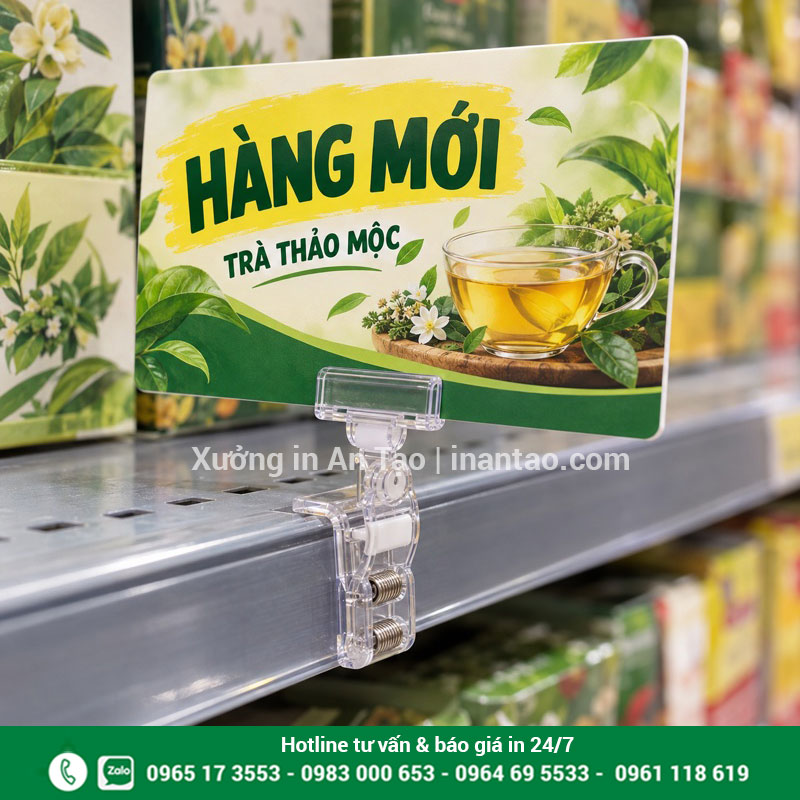 Wobbler kẹp nhựa với bảng giới thiệu trà thảo mộc Wobbler kẹp nhựa trong giữ bảng hàng mới màu xanh trên mép kệ