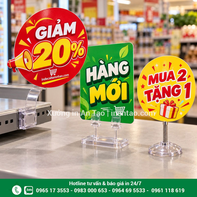 Mẫu wobbler quảng cáo cho cửa hàng và quầy trưng bày Ba mẫu wobbler quảng cáo có thân nhựa, kẹp và đế lò xo với nội dung ưu đãi